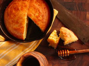 Brown butter cornbread in a cast iron skillet. 