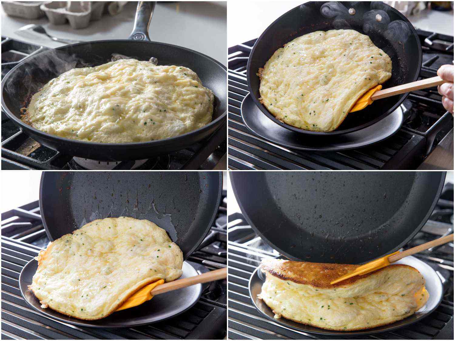 Ã-photo collage showing fully cooked soufflé omelette and the process or sliding it out of the skillet onto a serving plate.