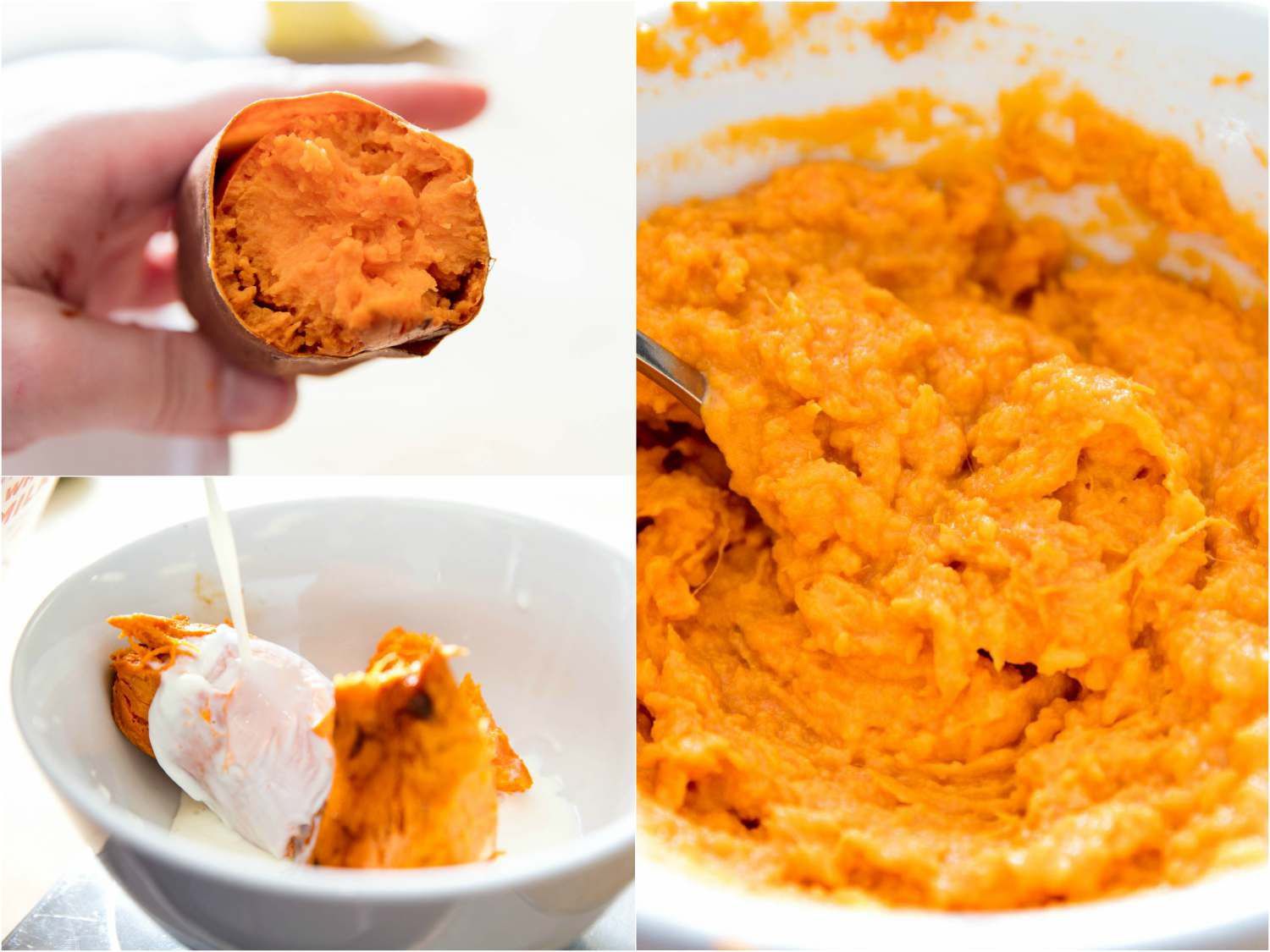 squeezing cooked sweet potato into a bowl with milk and mashing it together
