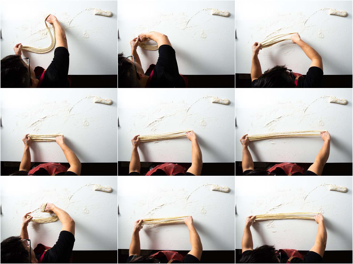 A 9-image collage of overhead shots demonstrating the process of hand-pulling lamian noodles. 