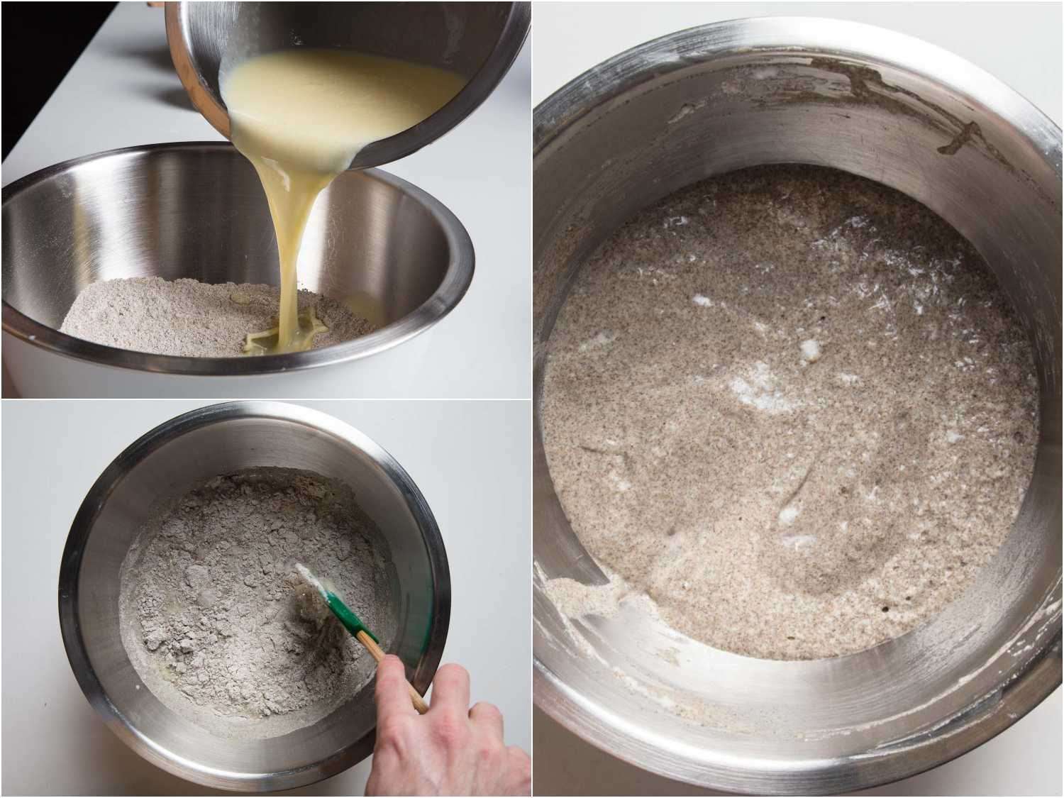 Process shots of mixing wet ingredients into dry for buckwheat blini batter