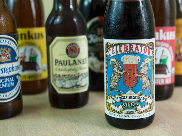 A collection of German beers on a table. 