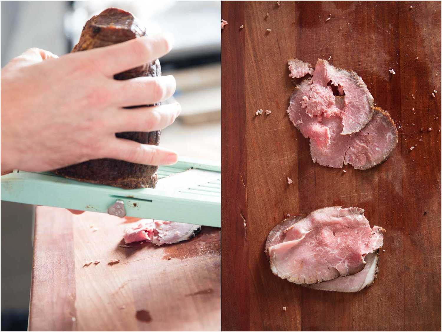 Process shots of attempting to slice roast beef on a mandoline.