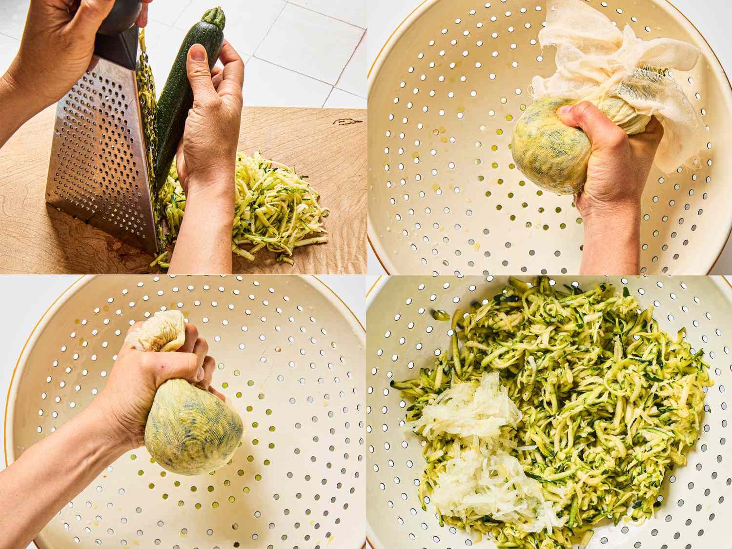 Steps for preparing zucchini, including grating and squeezing liquid through a cheesecloth over a colander