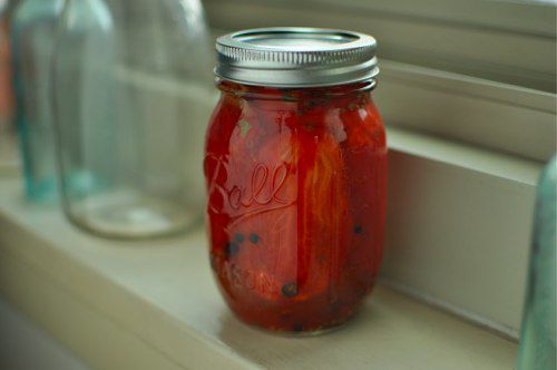 A large jar filled with homemade pickled tomatoes resting on a counter.