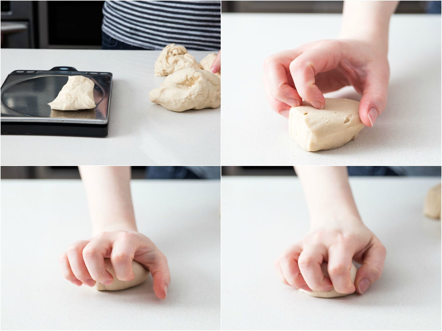 Photo collage showing weighing out 3 ounces (85g) bagel dough, then rolling it into a smooth ball.