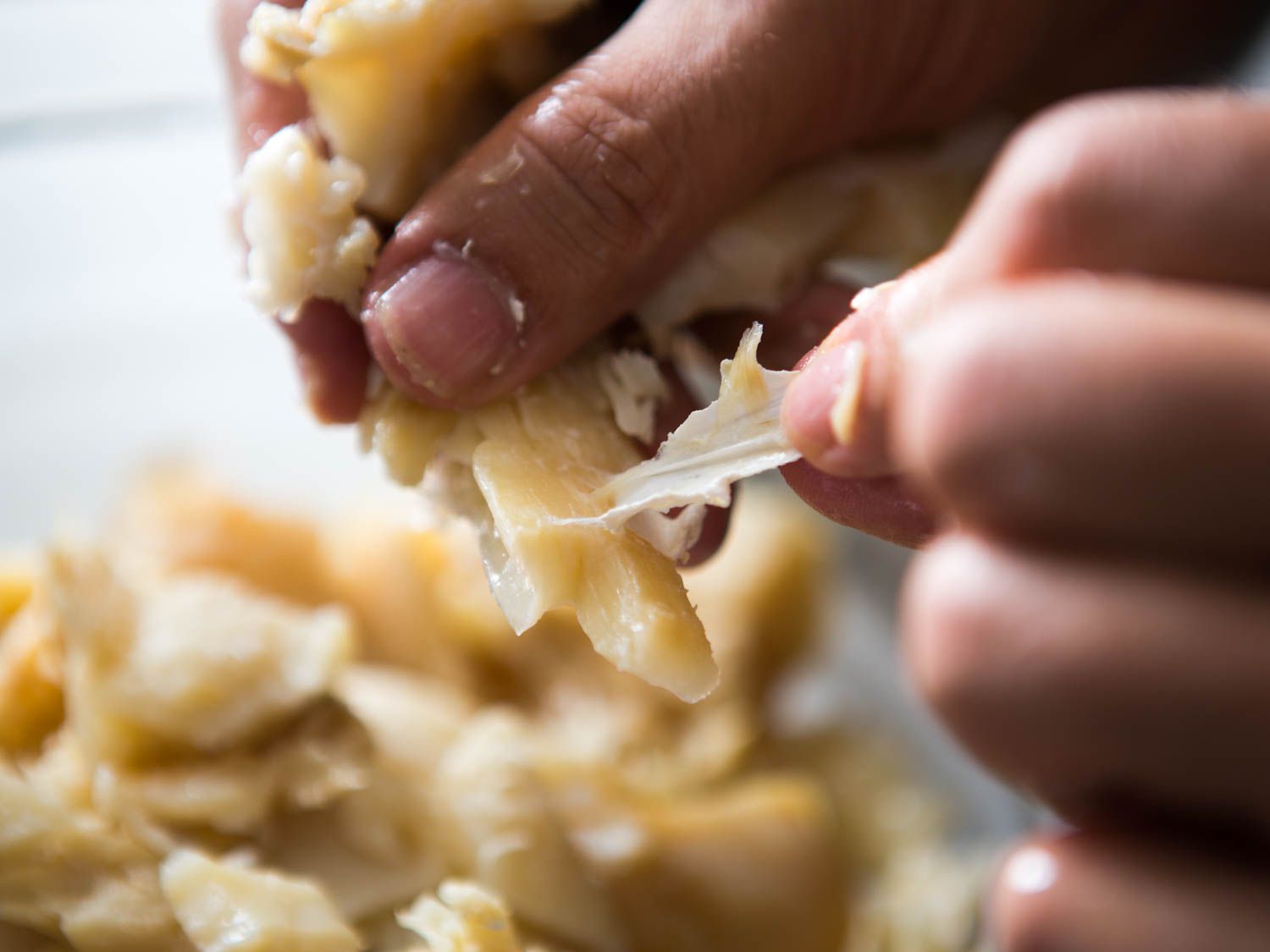 Two hands removing skin and bones from soaked salt cod.