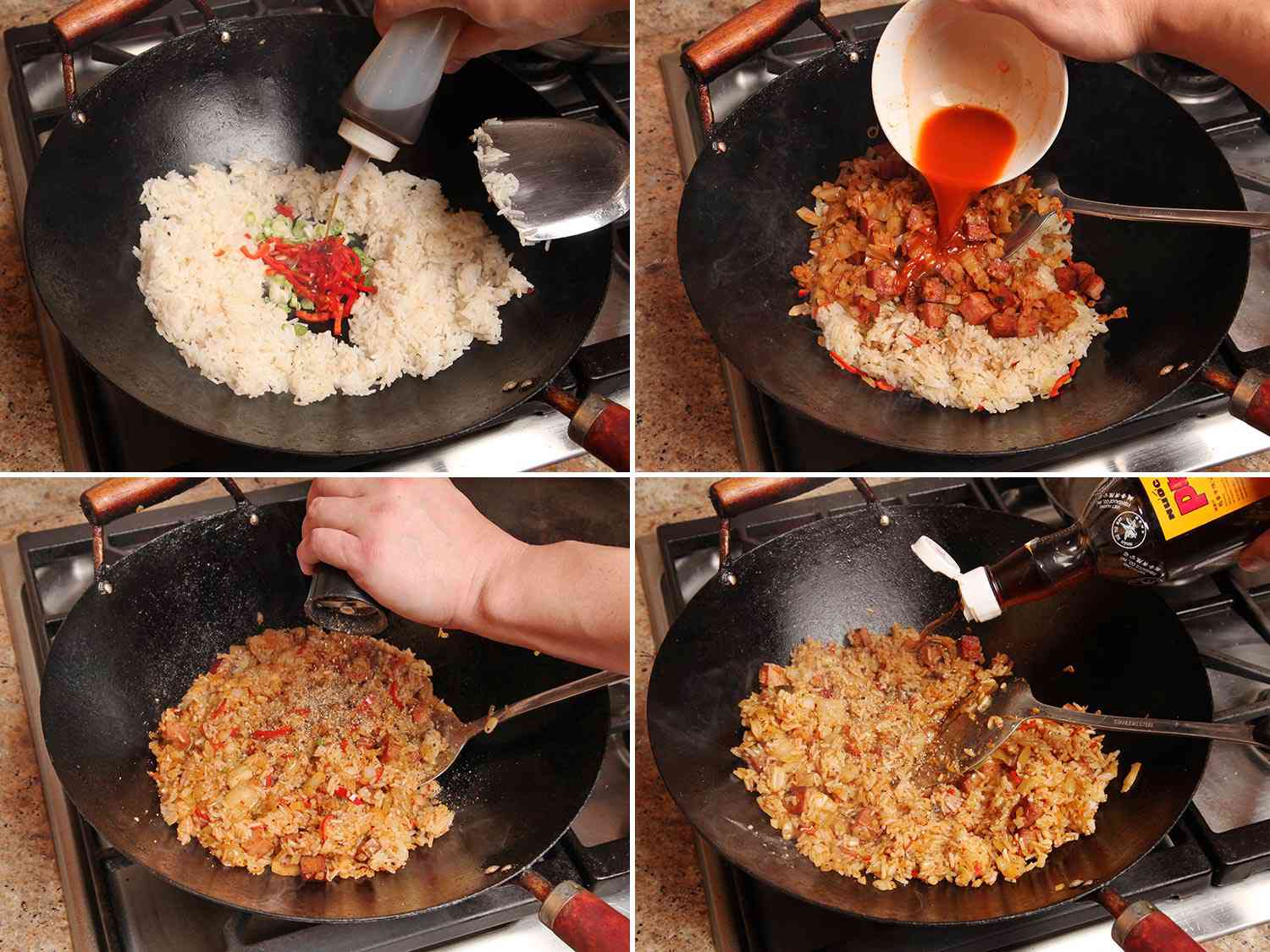 A collage of adding oil in the middle of the wok to fry aromatics, adding back kimchi juice, ground black pepper and sesame oil.