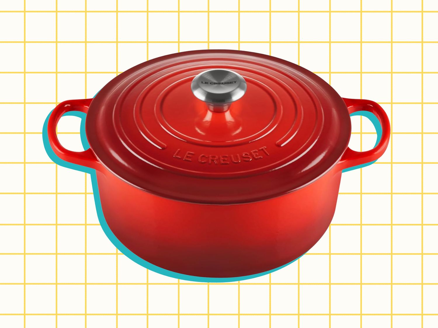 Le Creuset Enameled Cast Iron Signature Round Dutch Oven on a yellow grid background