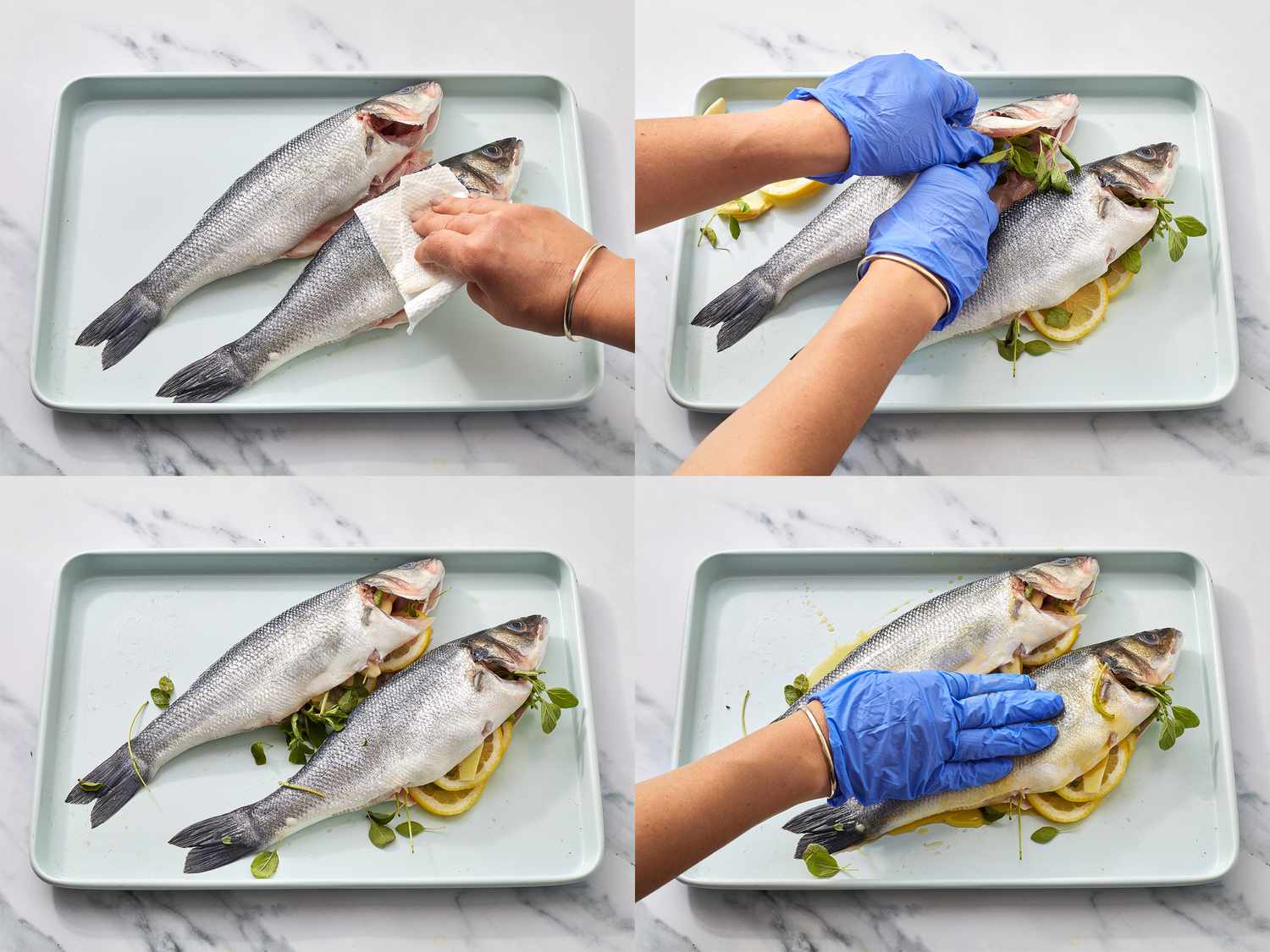 Step-by-step preparation of whole grilled fish, including cleaning and assembling with olive and tomato compote