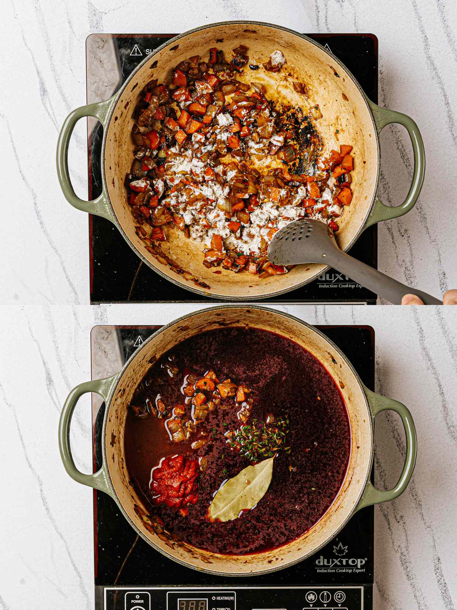 Two images showing the preparation of a beef bourguignon pot pie with ingredients sauted and then simmered in a pot on the stove