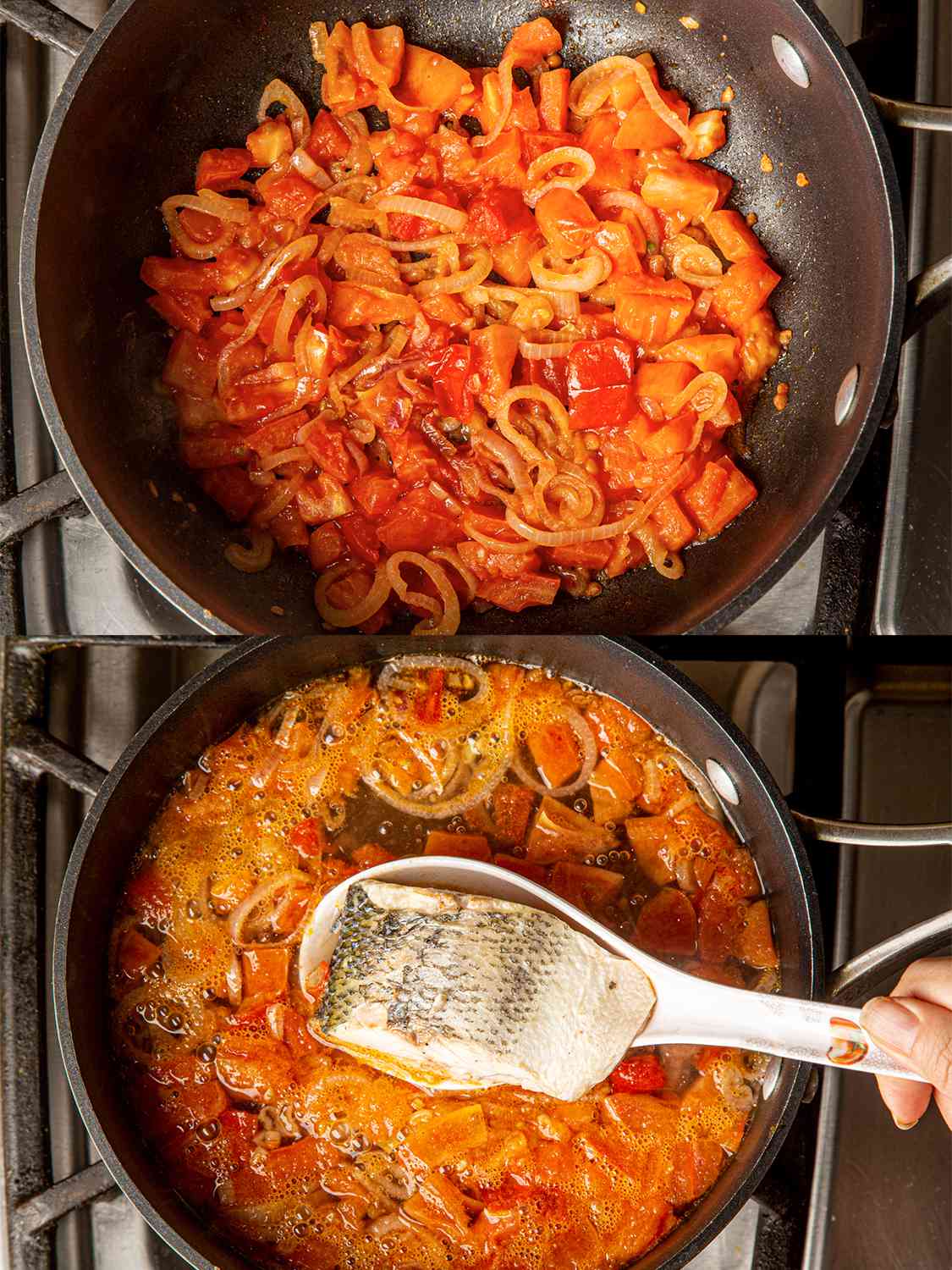 Two Image Collage of overhead view of tomatoes and onions being cooked down and fish being added to soup base