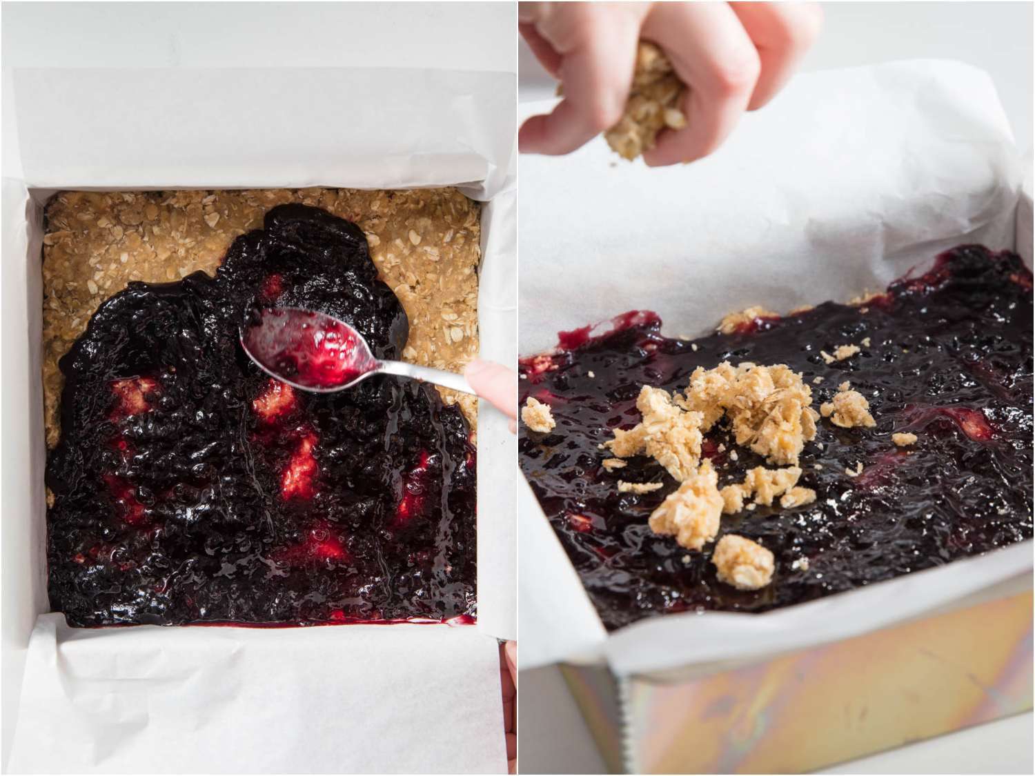 A collage: spreading jam over the fruit bar dough and sprinkling streusel topping.