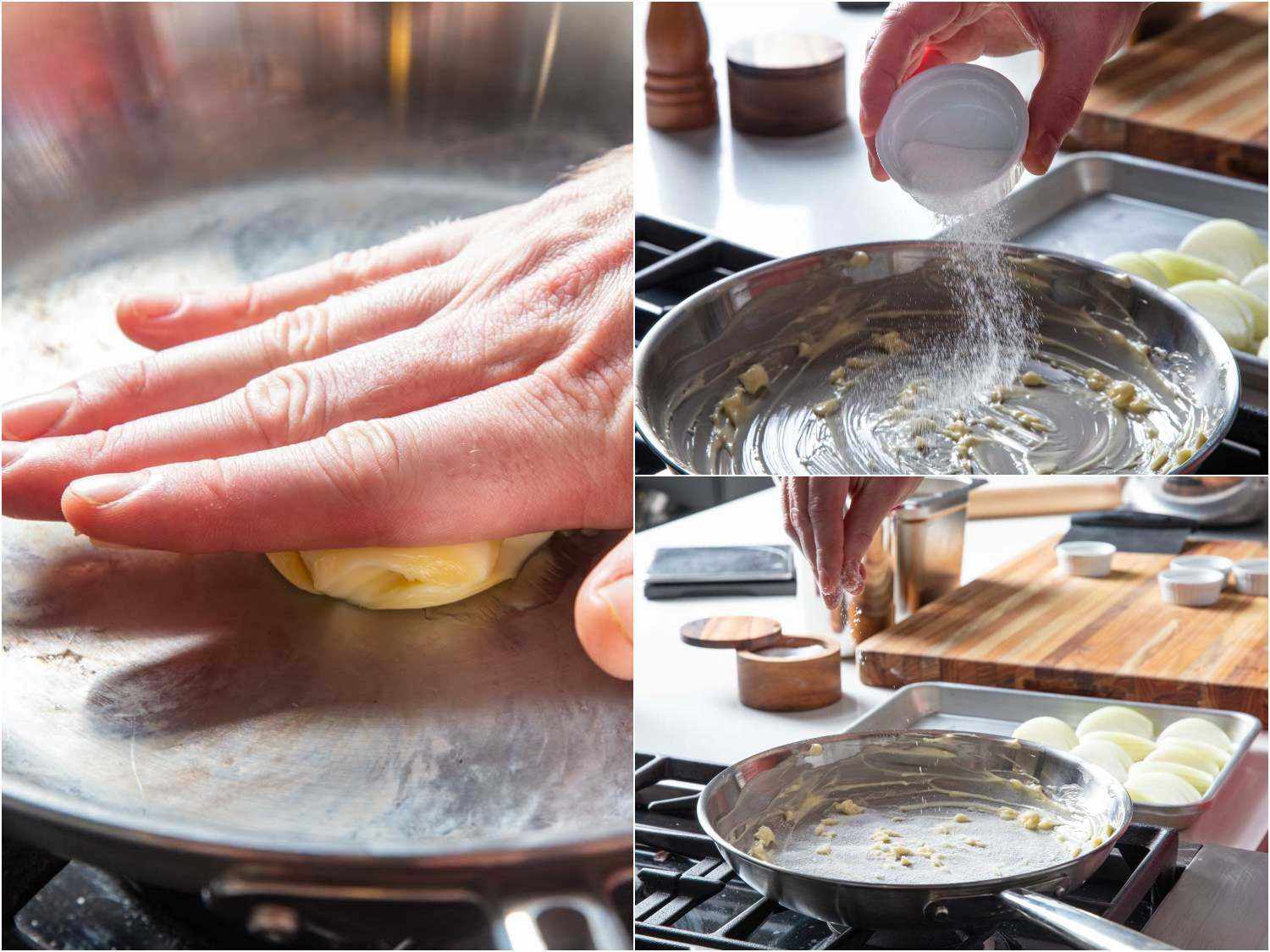 Photo collage showing preparing skillet for the onion wedges by smearing it with butter and sprinkling with sugar and salt.