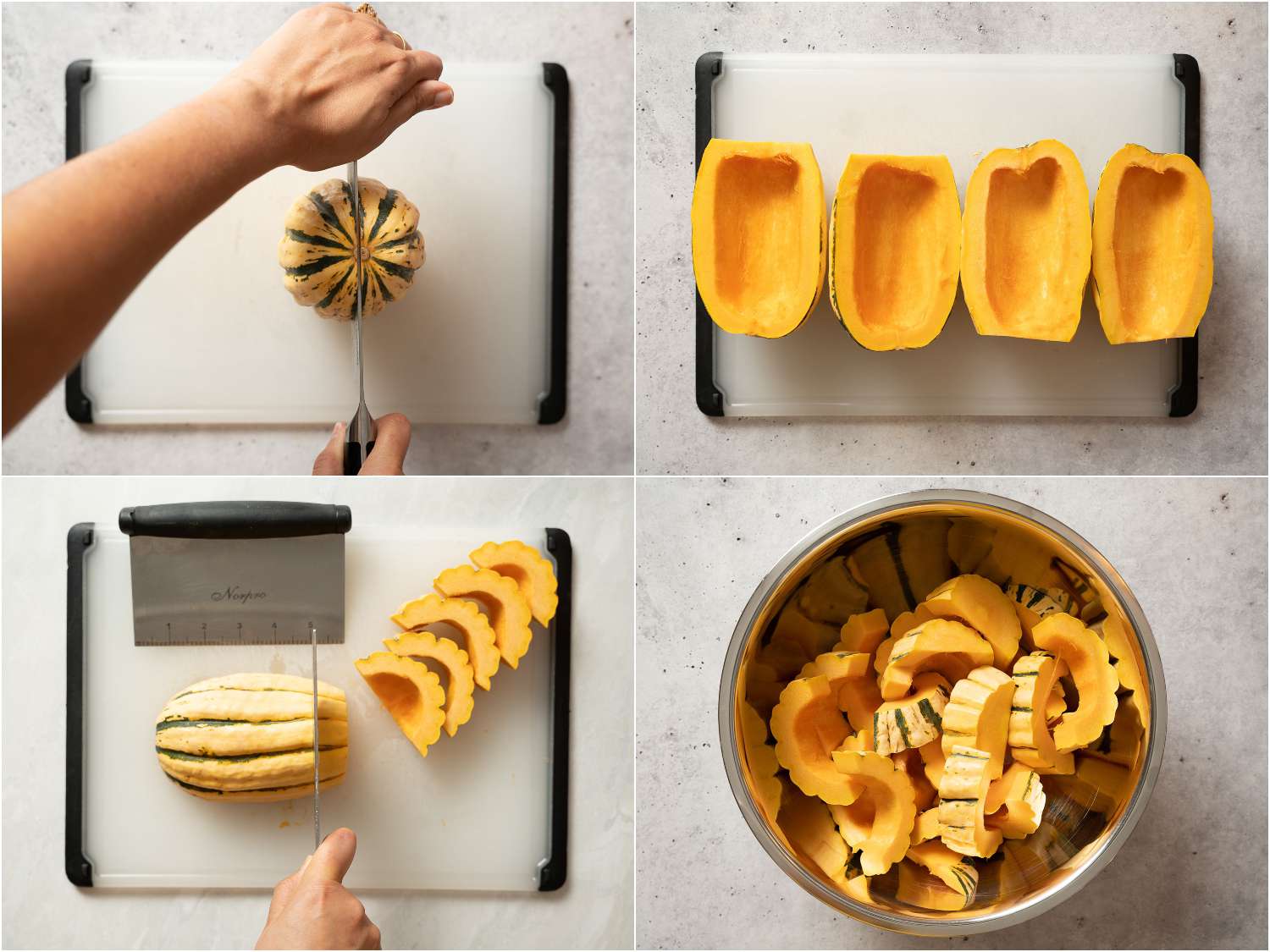 Collage showing how to cut delicata squash into 1-inch-thick slices