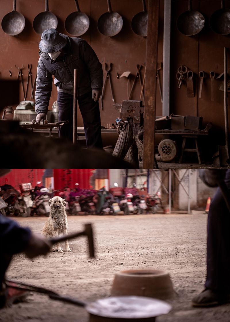 Two image collage. Top image of a wok maker in an outside studio, bottom image of an out-of-focus wok being hit with a dog watching in the background, in focus