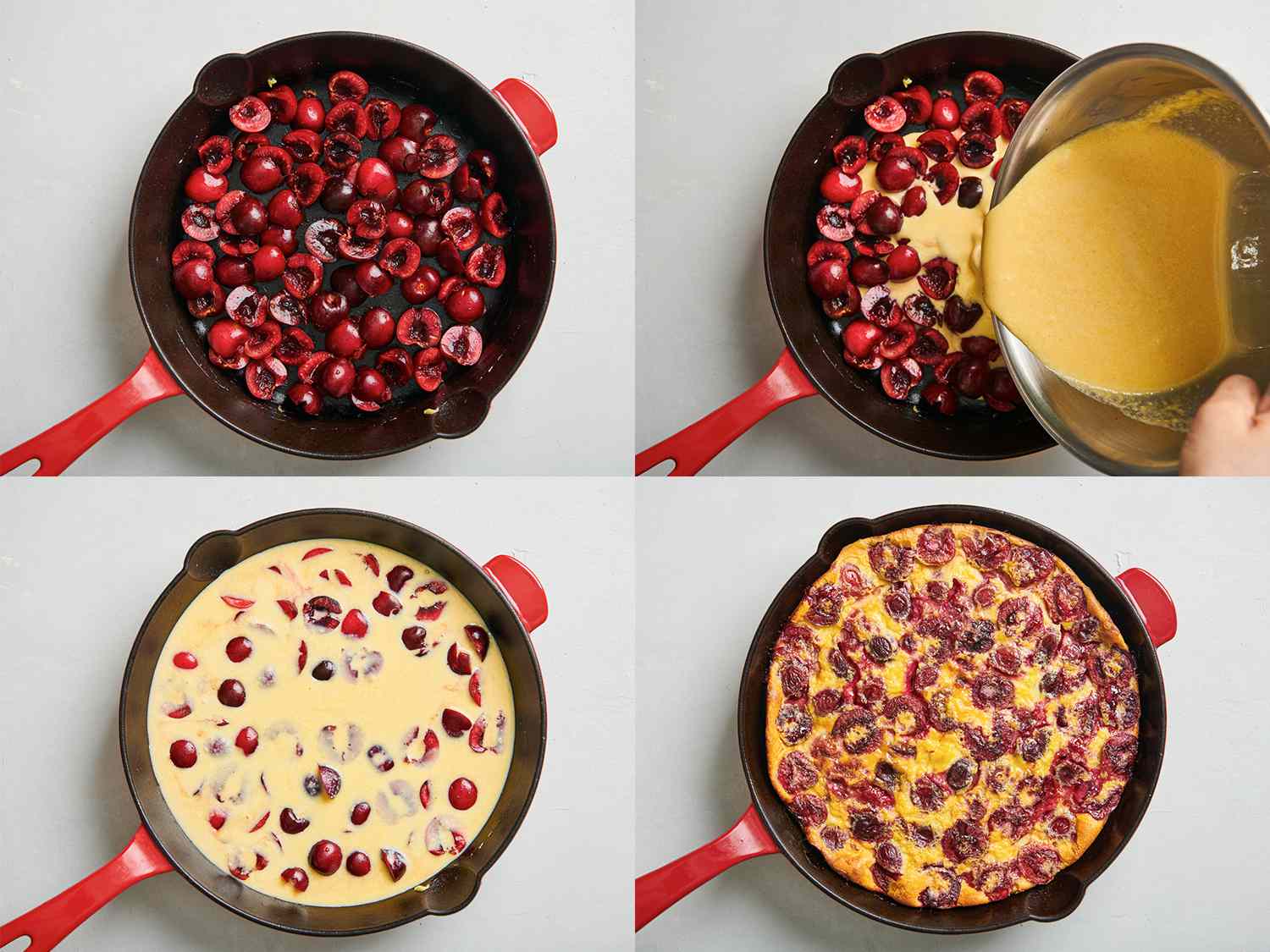 A four image collage showing the clafoutis being put together inside a cast iron pan. The top left image shows the cherries scattered all over the bottom of the greased cast iron skillet. The top right image shows the batter being poured on top of the cherries in the cast iron skillet. The bottom left image shows the batter now poured on top of the cherries. The bottom right image shows the puffed and browned clafoutis after coming out of the oven.