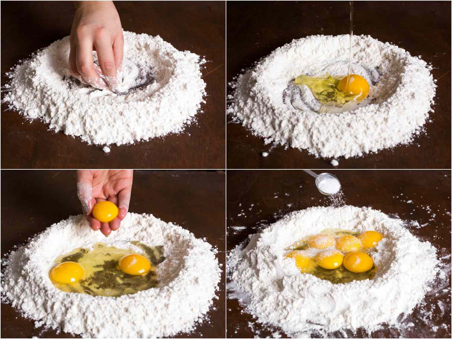 Collage of pasta-making process: making a well of flour, adding whole eggs and yolks, and salt to the flour.