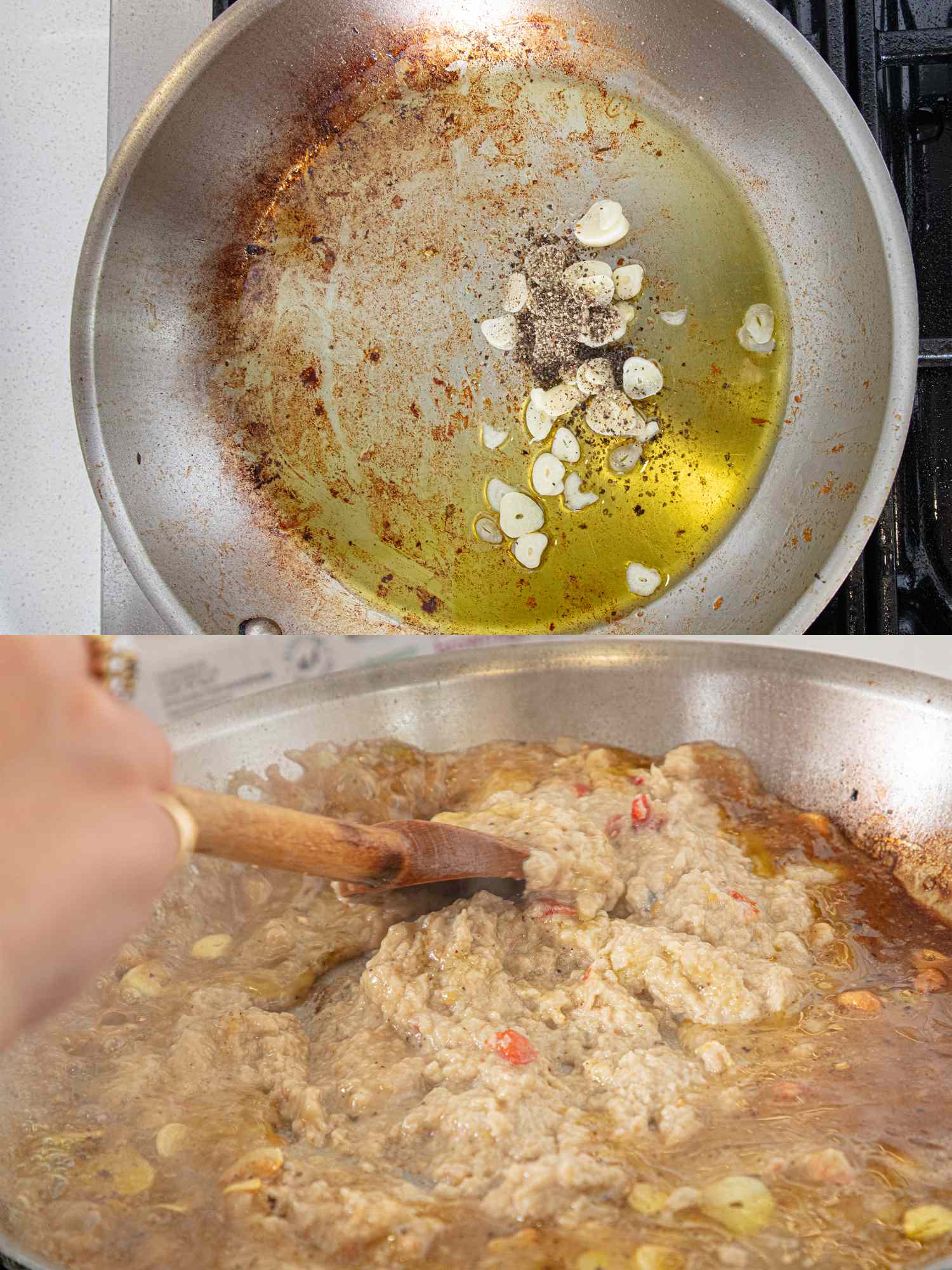 Two images showing the steps of cooking baba ghanoush pasta sauting garlic in oil and stirring the eggplant mixture in a pan