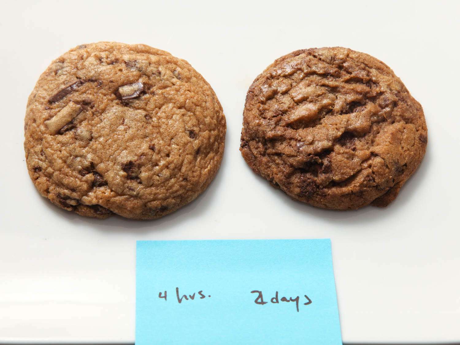 Side-by-side chocolate chip cookies made with dough rested for 4 hours (left) and 2 days (right).