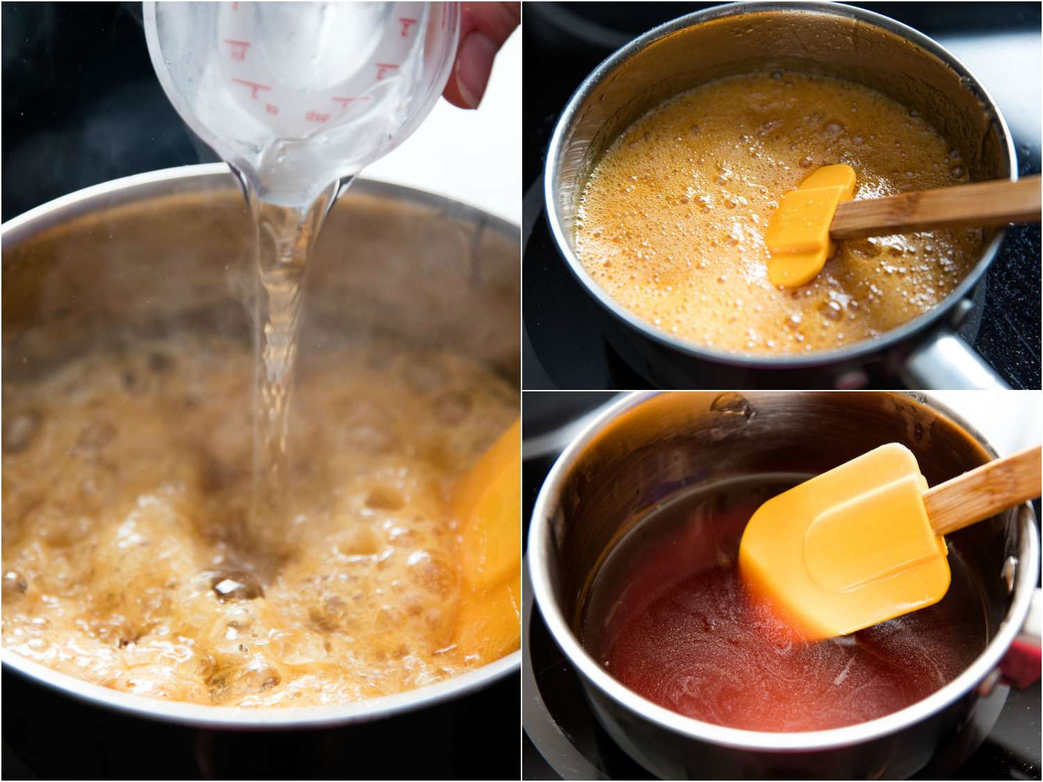 A collage of 3 photos showing adding water, stirring, and watching the syrup become deep brown.