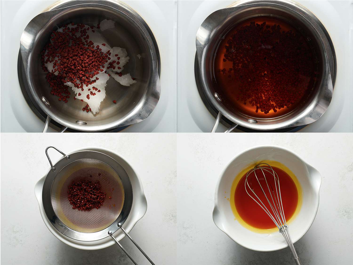 Four Image Collage. Top Left: Coconut oil and annatto seeds added to small pot. Top Right:Coconut oil with seeds melted in pot. Bottom Left: Overhead view of annatto seeds left in a strainer. Bottom Right: Finished oil with a whisk resting on the bowl