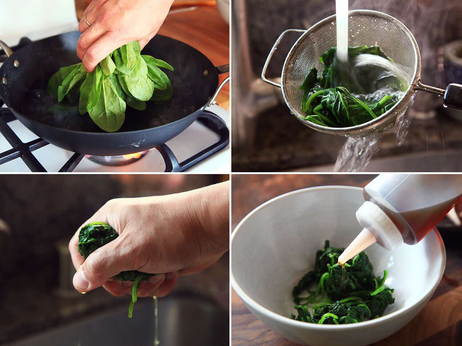 Collage of spinach being cooked and squeezed out for bibimbap