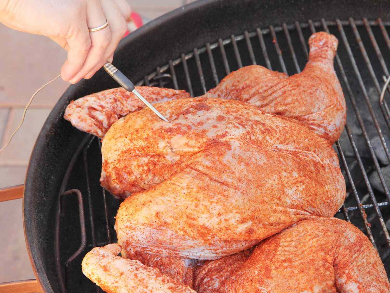 Inserting thermometer probe into smoked turkey.
