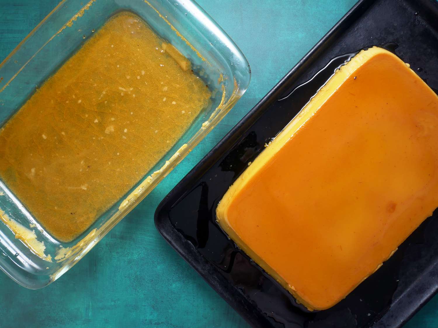 OXO glass casserole dish next to sheet pan with flan