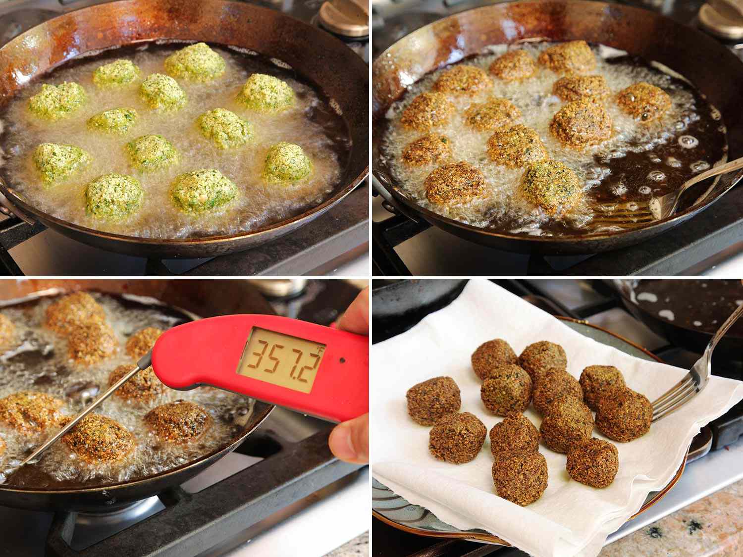 A four image collage showing the falafel balls being shallow fried in a pan full of oil, taking temperature of the oil (the thermometer reads 357.2 degrees Farenheit), then drained the falafel on a plate lined with paper towels.