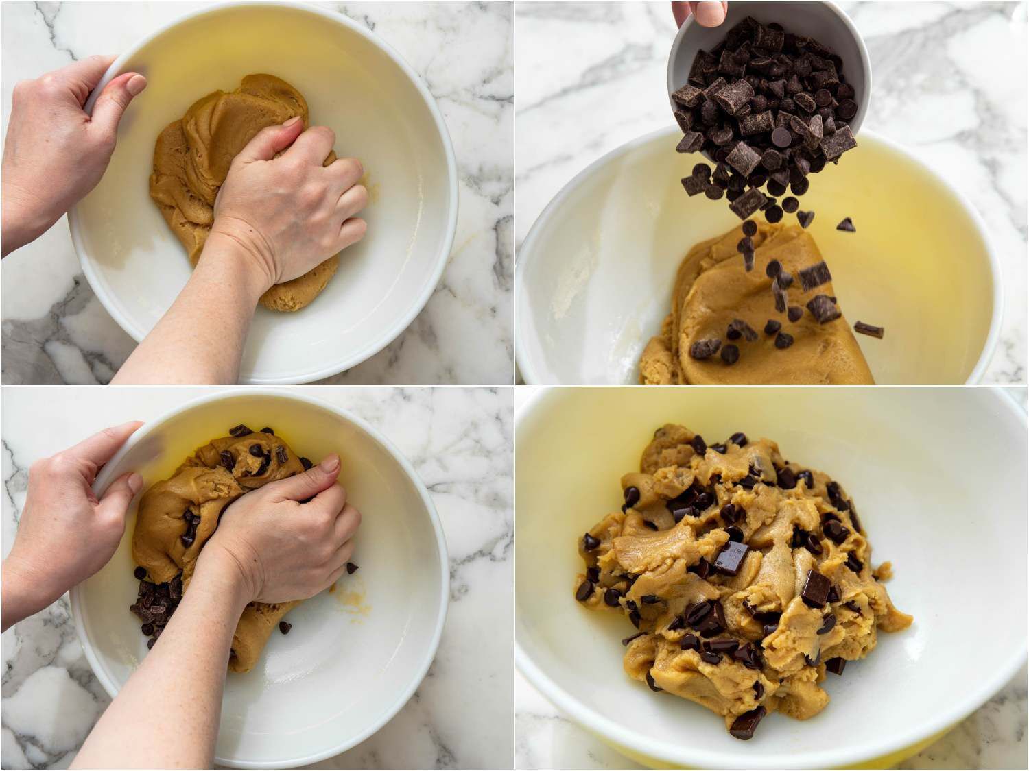 Kneading the chocolate chips into the cookie dough by hand