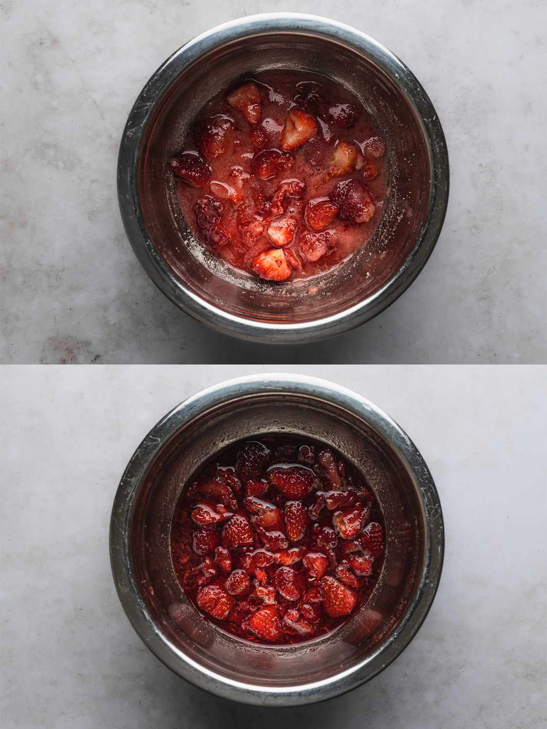 A two-image collage. The top image shows berries and sugar well combined inside a medium metal bowl. The bottom image shows syrup formed inside of the bowl after itâs been covered tightly with plastic and refrigerated for 24 hours.