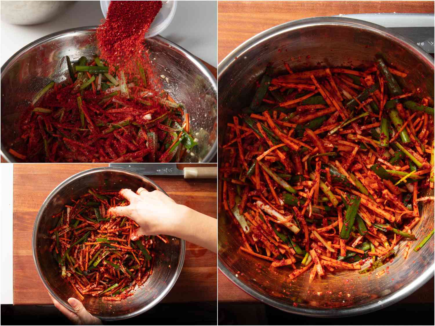 Collage of adding gochugaru to oi-sobagi filling and mixing by hand until well incorporated.
