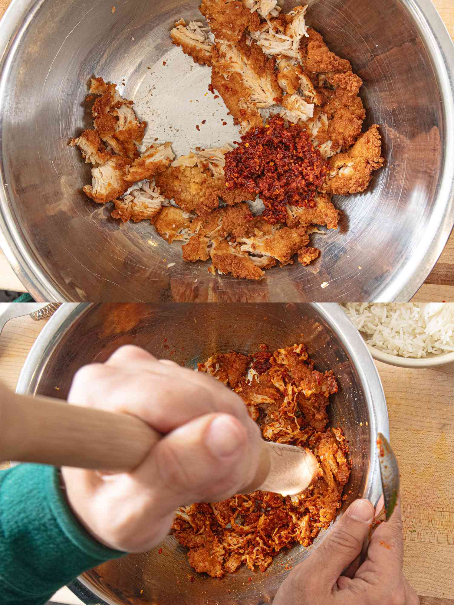 Process of crushing chicken and sambal in a metal bowl with a tool