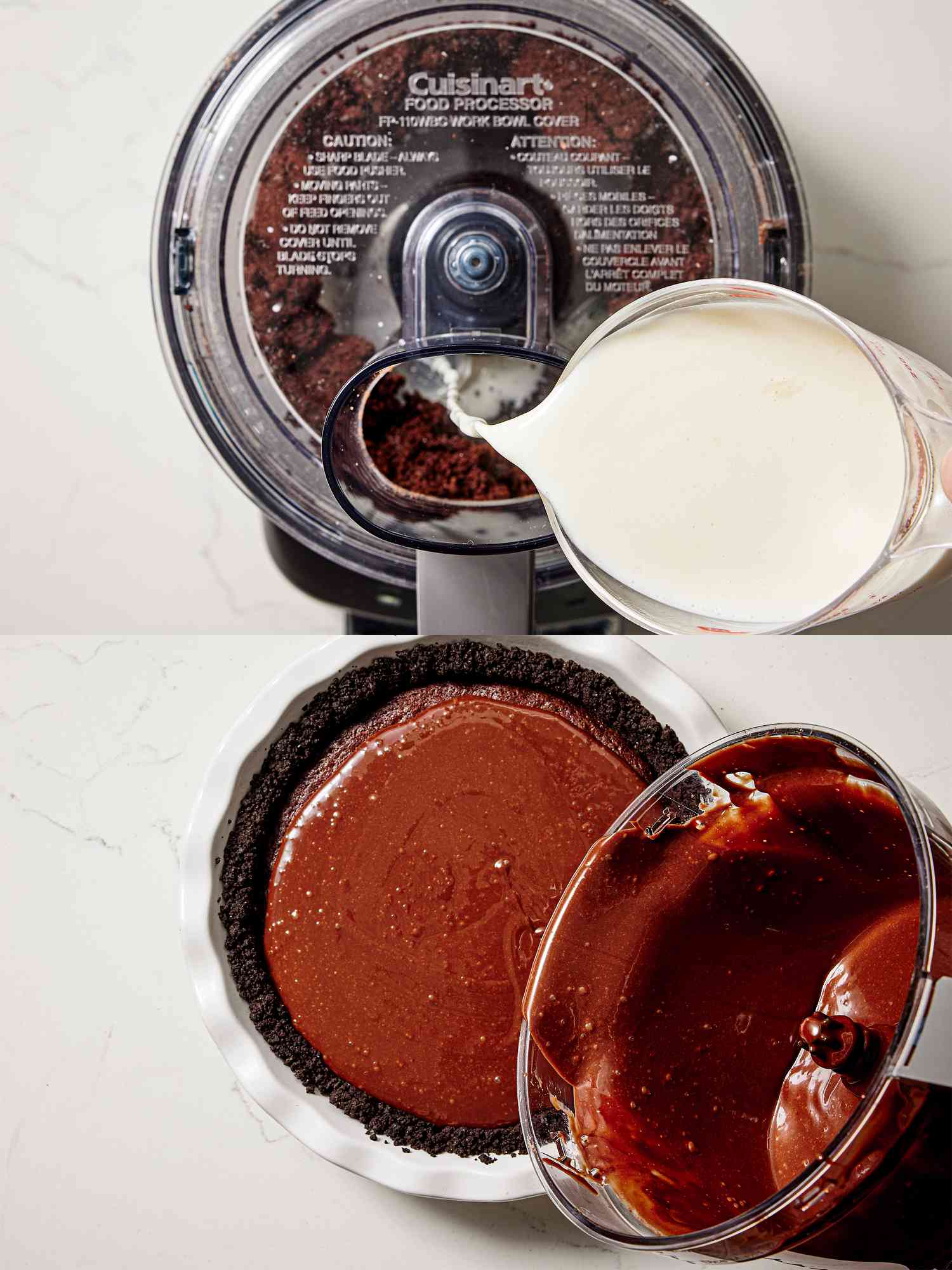 Two image collage of adding hot milk and pouring pudding onto pie