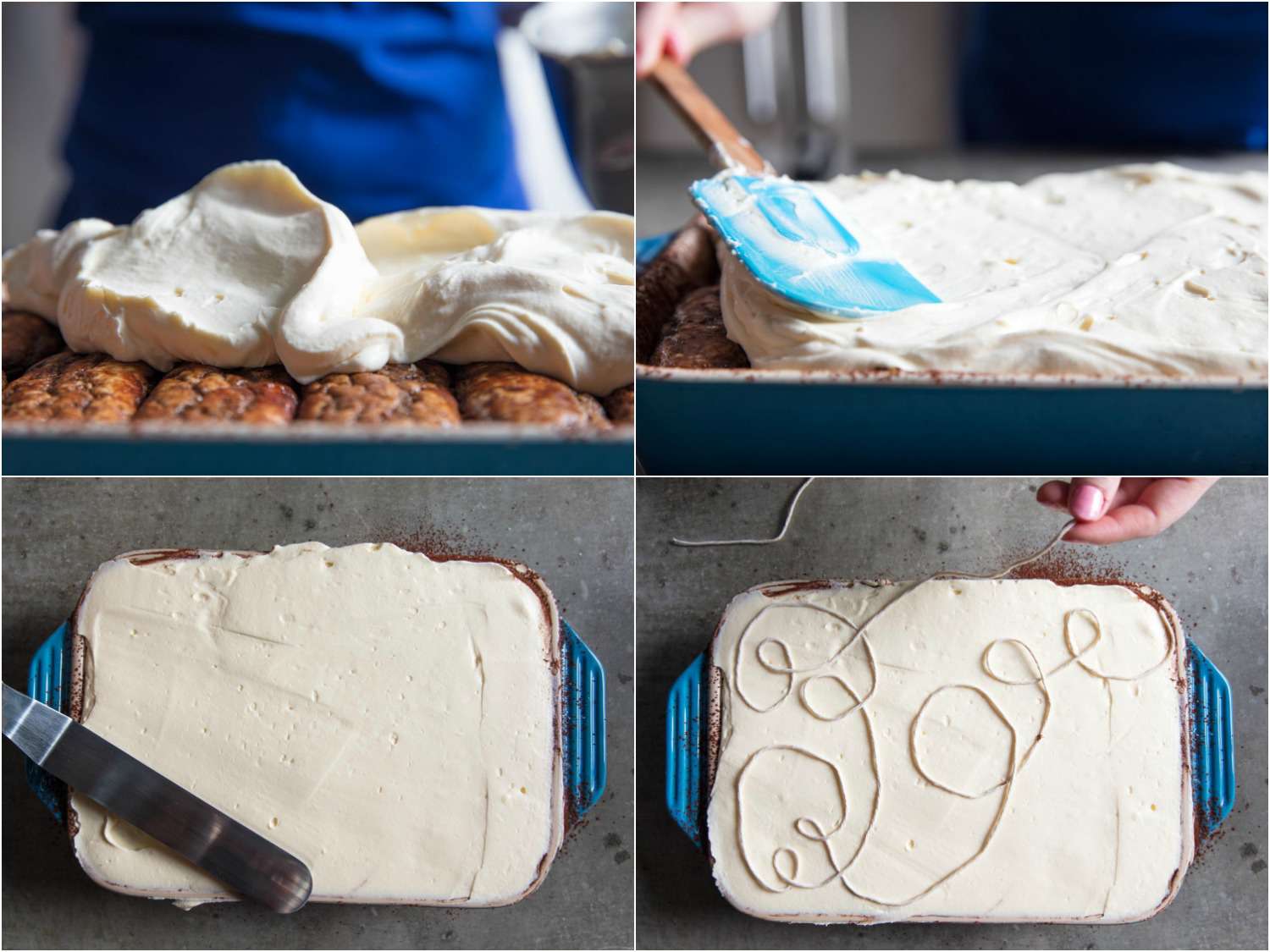 A collage showing spreading mascarpone over tiramisu and using butcher twine to add a decorative swirl.