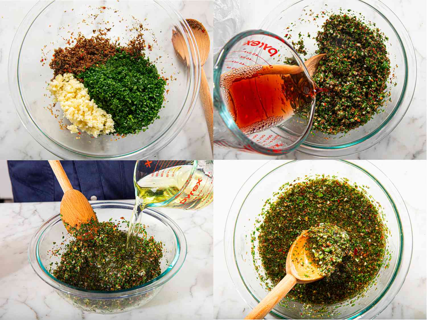 Overhead view of adding parsley and garlic to mixture, adding vingear, adding oil and stirring. 