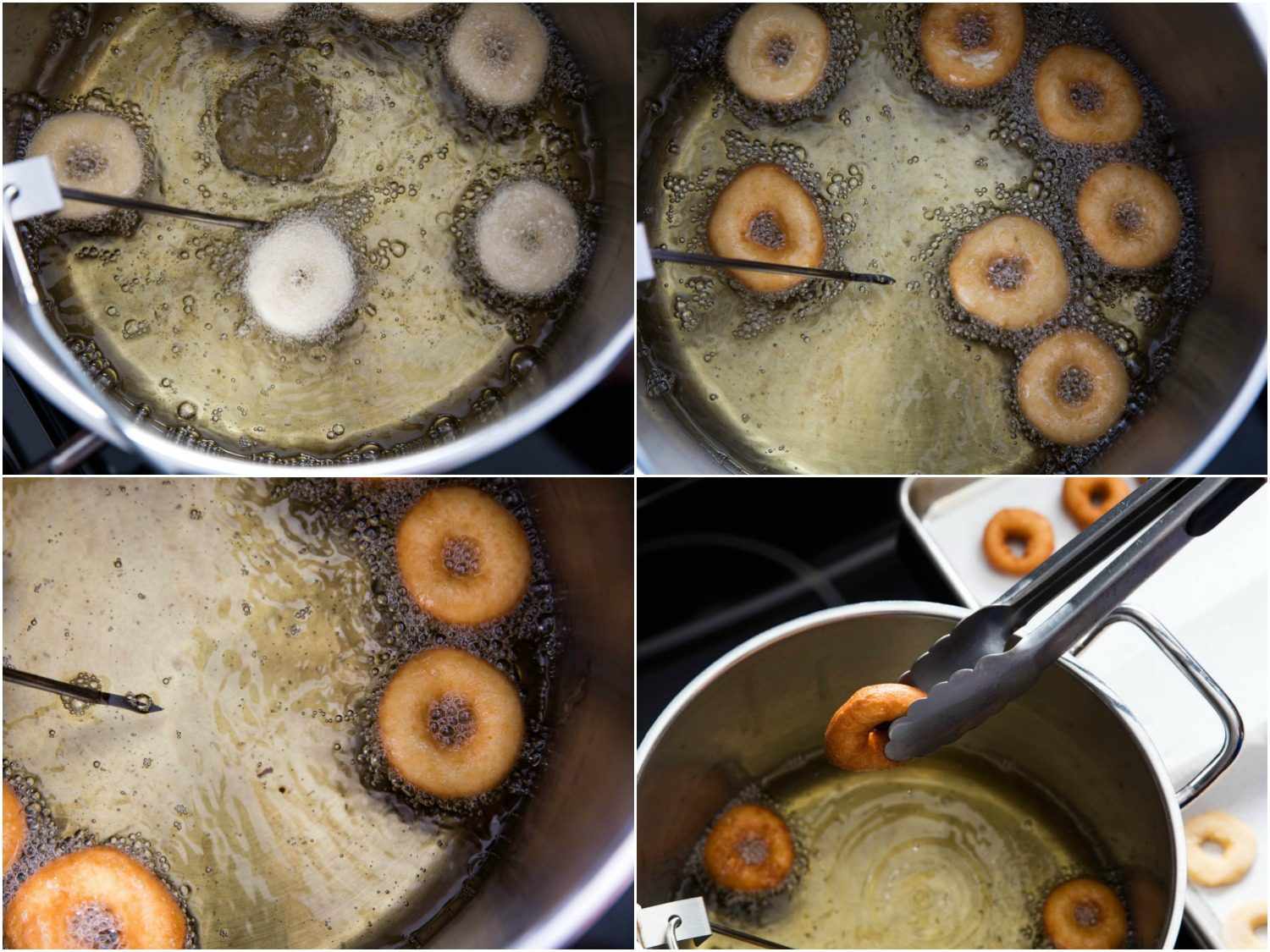 Donuts at various stages of deep-frying