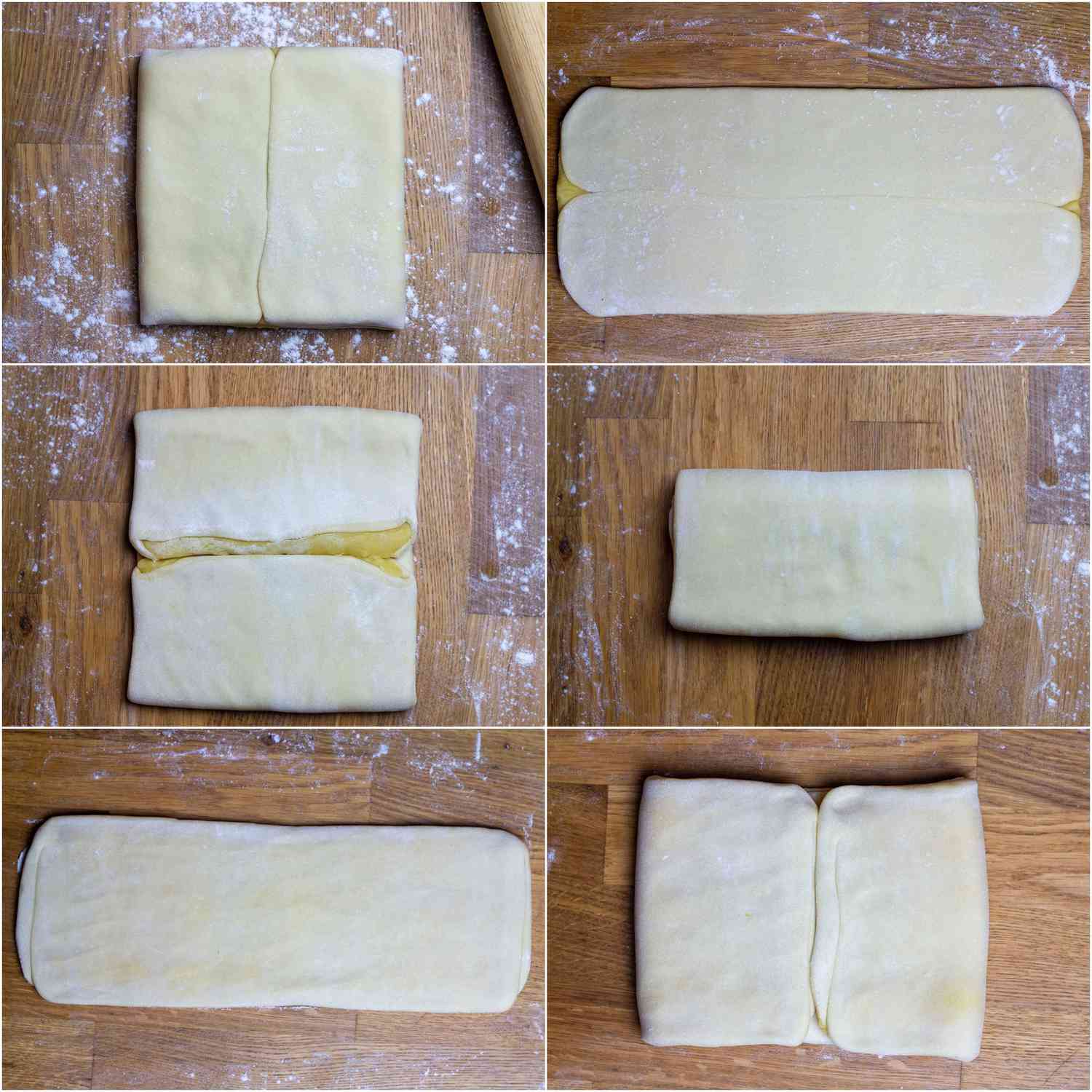 Collage showing first set of folds for rolling out Hong Kong egg custard tart laminated dough