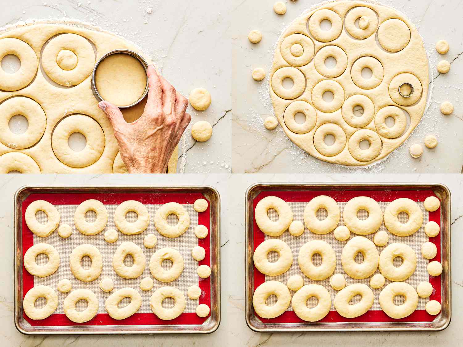 Four image collage of cutting out doughnuts and them rising