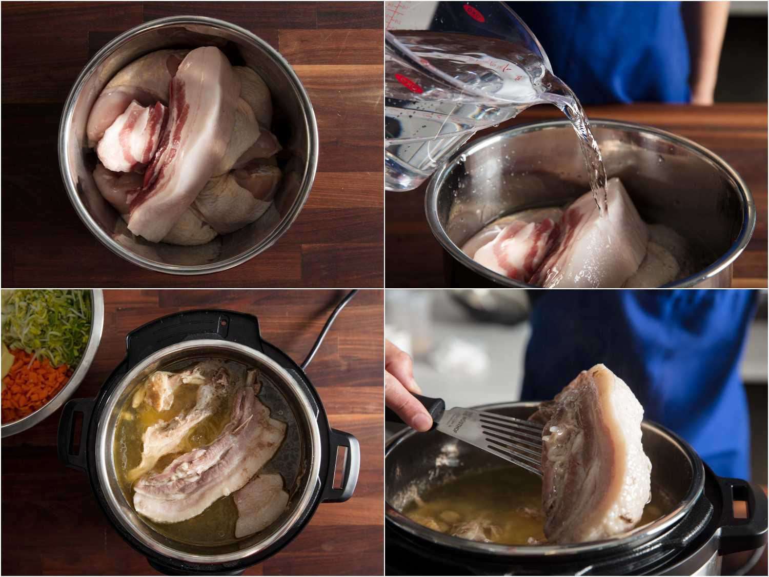 Photo collage of curing and cooking pork belly: pork belly in a metal bowl, pouring water into the bowl, belly inside pressure cooker, lifting cooked belly from pressure cooker