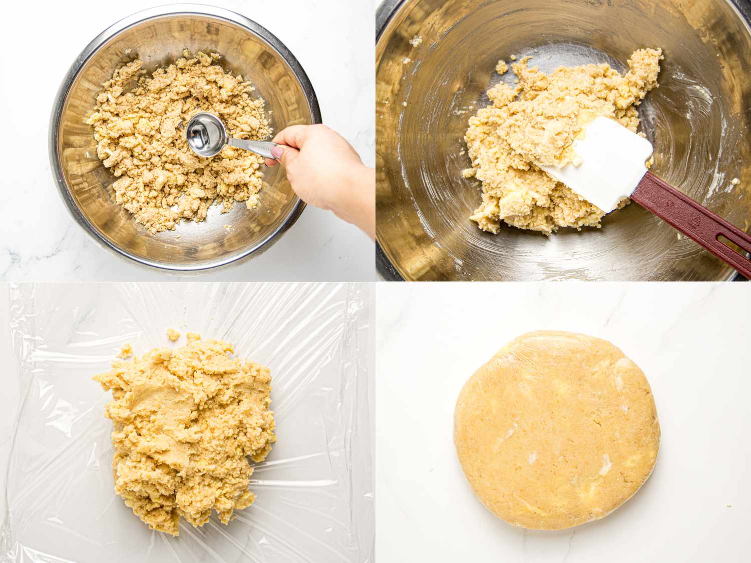 Steps in preparing a dough mixture including mixing and shaping into a disc