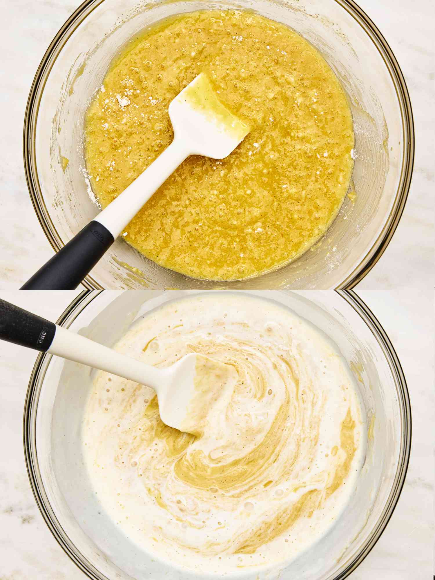 2 image collage. Top: Flour and egg mixture in a glass bowl with spatula. Bottom: stirring buttermilk to mixture, in a glass bowl with spatula 