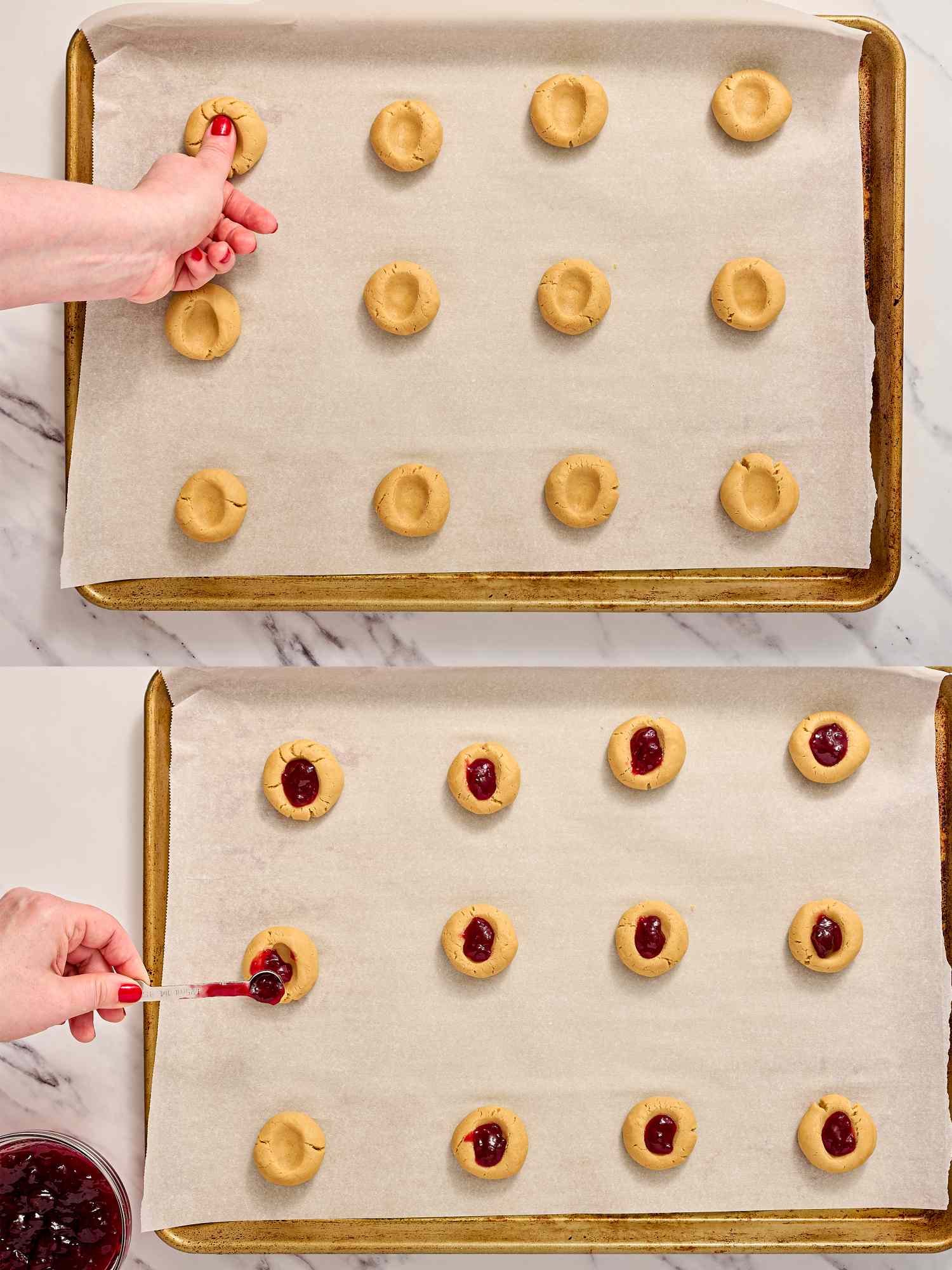 Two images demonstrating the steps for shaping and filling thumbprint cookies on a parchment-lined baking sheet
