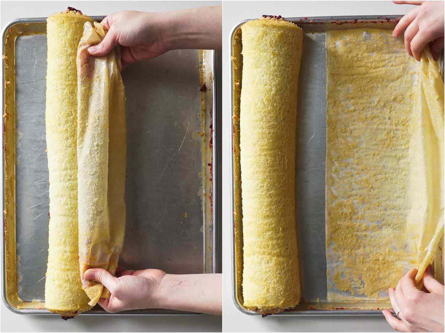 Removing the jelly roll from the parchment by pulling it out from the bottom