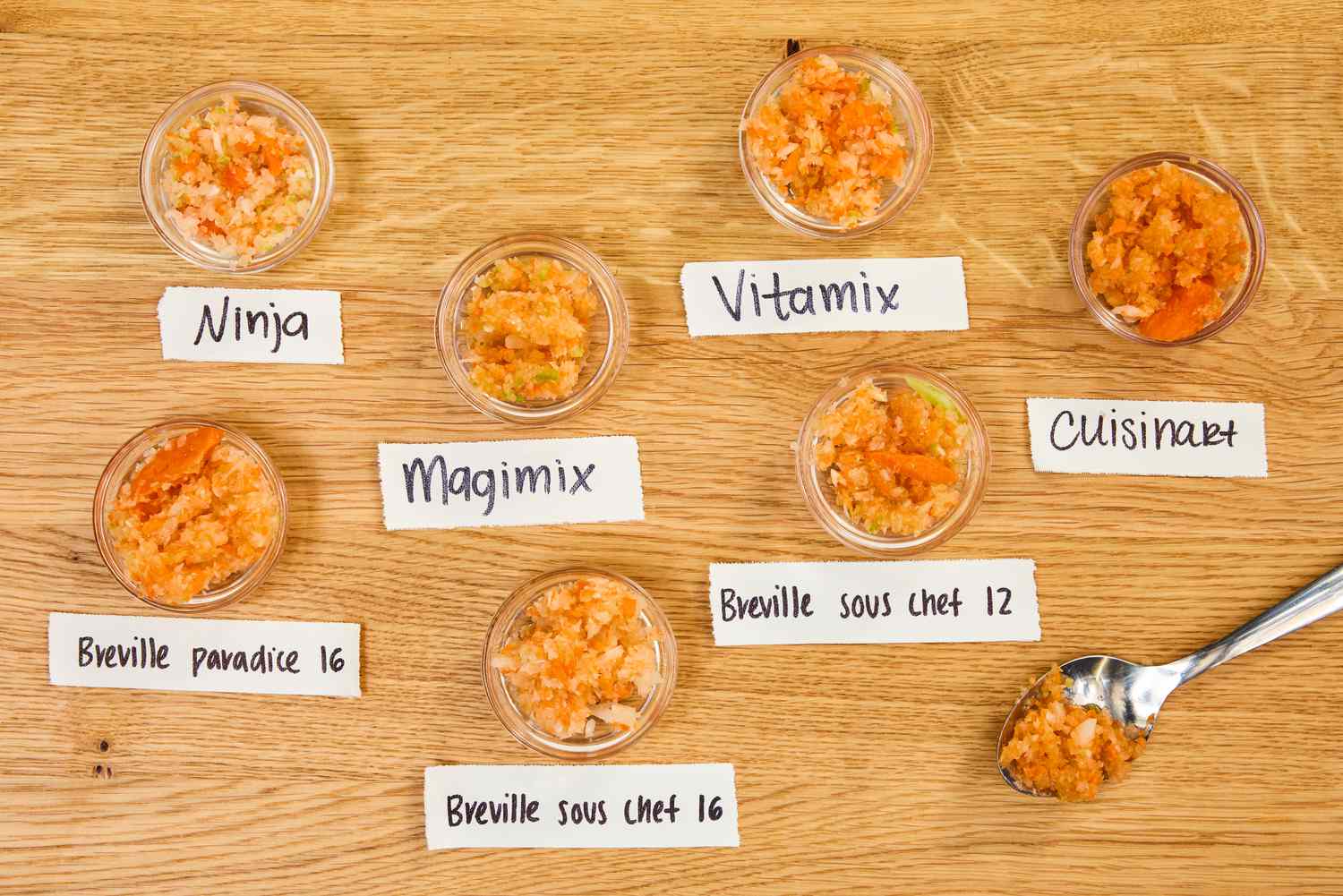 Smalls bowls with mirepoix from different food processors.