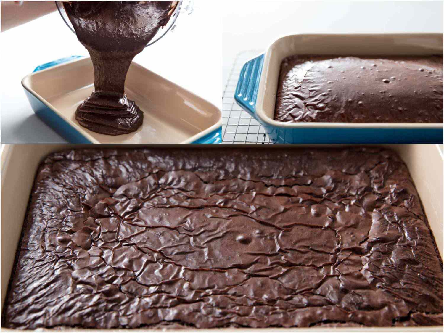 Stages of brownie baked in a ceramic baking dish: pouring the batter into the dish and baking until the top becomes glossy and crinkly.