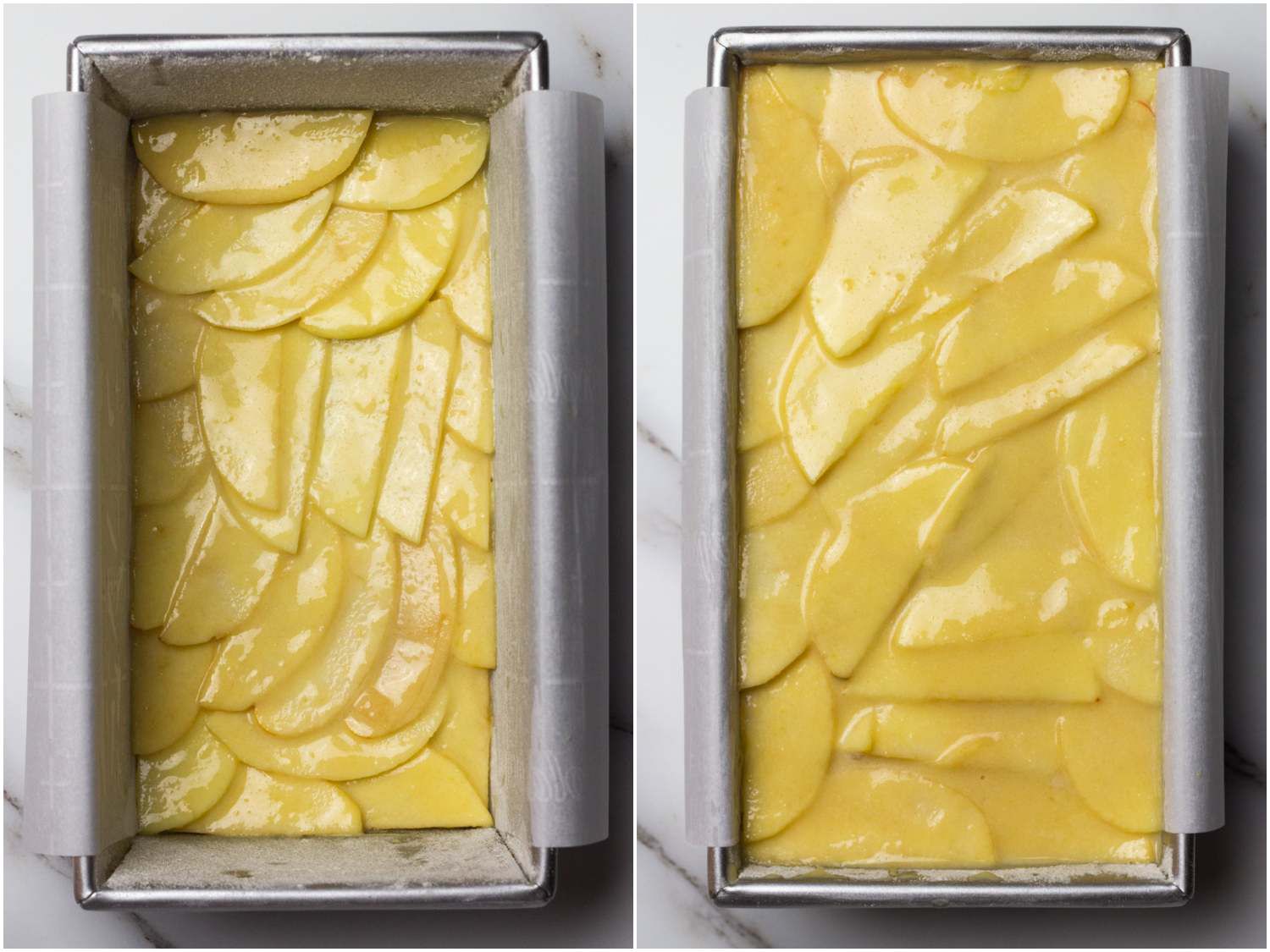 Collage of thinly sliced apples in a custardy batter arranged evenly in a loaf pan lined with parchment.