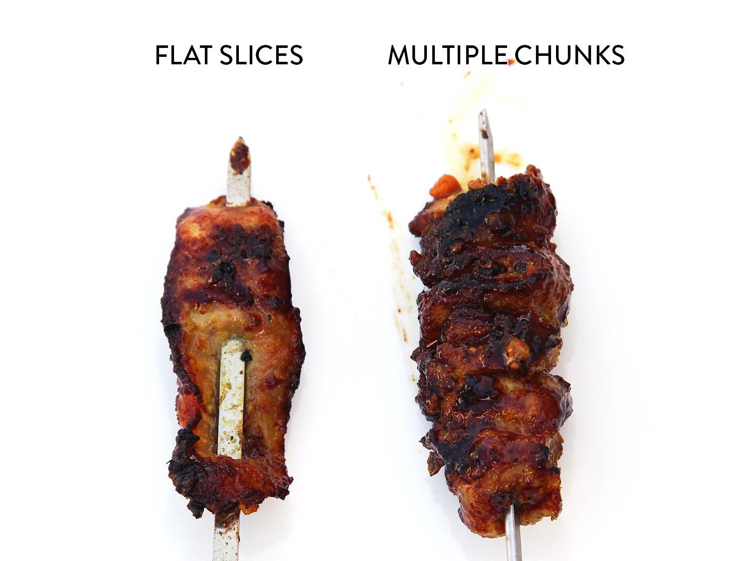 Two skewers of pork satay, one threaded with a single flat piece of pork, the other threaded with multiple small chunks of pork