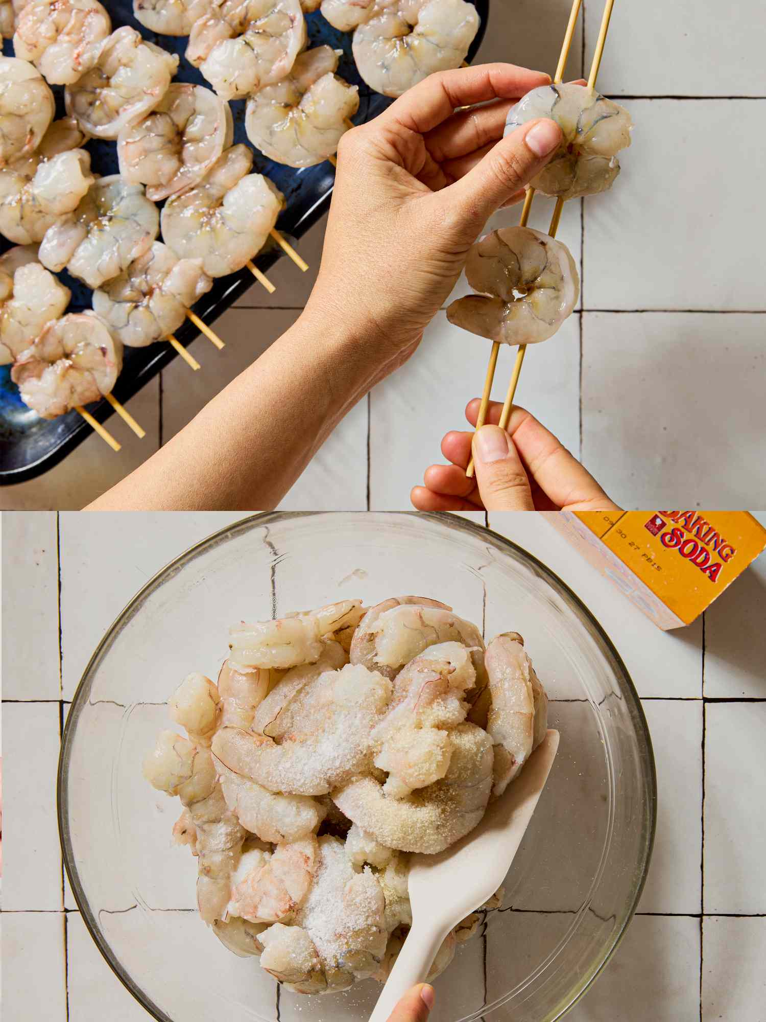 Arranging raw shrimp on skewers and mixing shrimp in a bowl